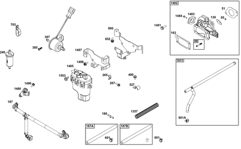 Throttle Body And Fuel Supply Group Diagram and Parts List for 54E677-0004-J1 400000 - 699999 Briggs and Stratton Engine